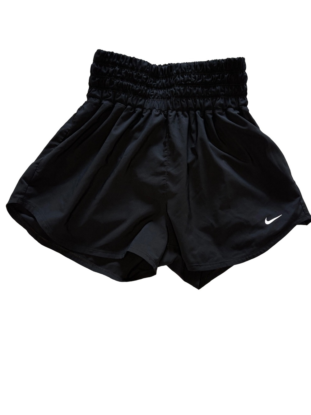 Nike Women's Black Athletic Shorts with Elastic Ruched Waist and White Swoosh